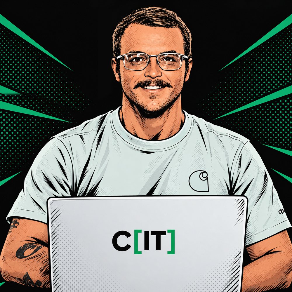Comic illustration of Chance Crump at a laptop with the C[IT] logo